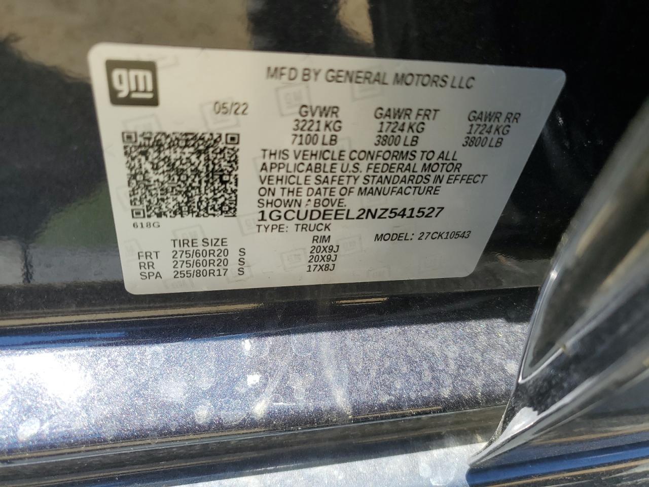 2022 CHEVROLET SILVERADO K1500 RST VIN:1GCUDEEL2NZ541527