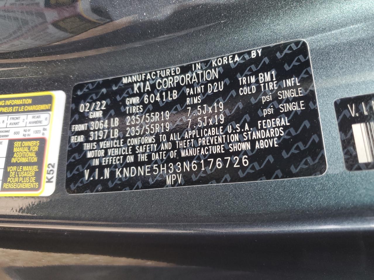 2022 KIA CARNIVAL SX PRESTIGE VIN:KNDNE5H33N6176726