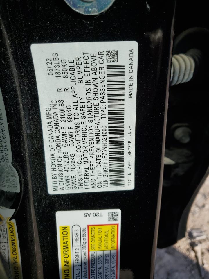 2022 HONDA CIVIC EX VIN:2HGFE1F75NH321090