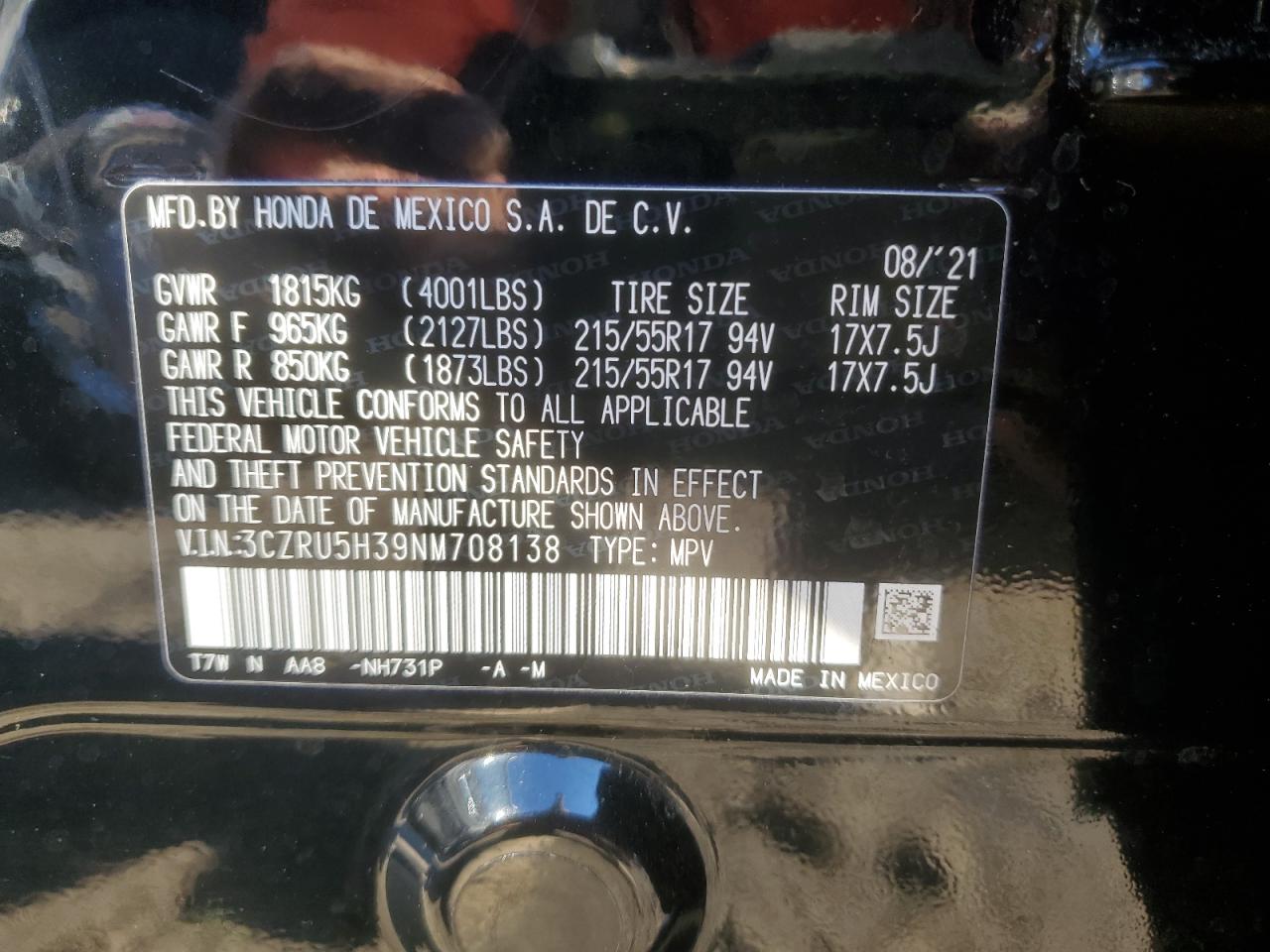 2022 HONDA HR-V LX VIN:3CZRU5H39NM708138