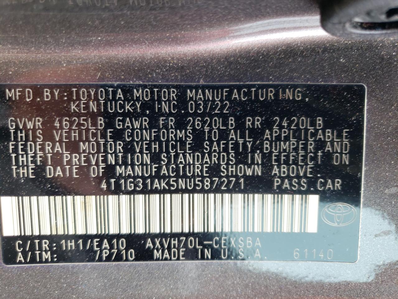 2022 TOYOTA CAMRY NIGHT SHADE VIN:4T1G31AK5NU587271