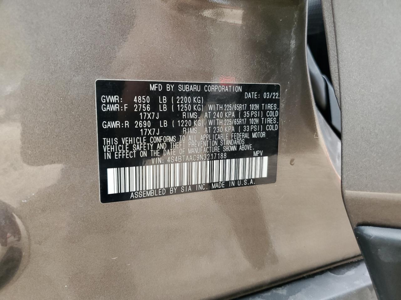 2022 SUBARU OUTBACK VIN:4S4BTAAC9N3217188