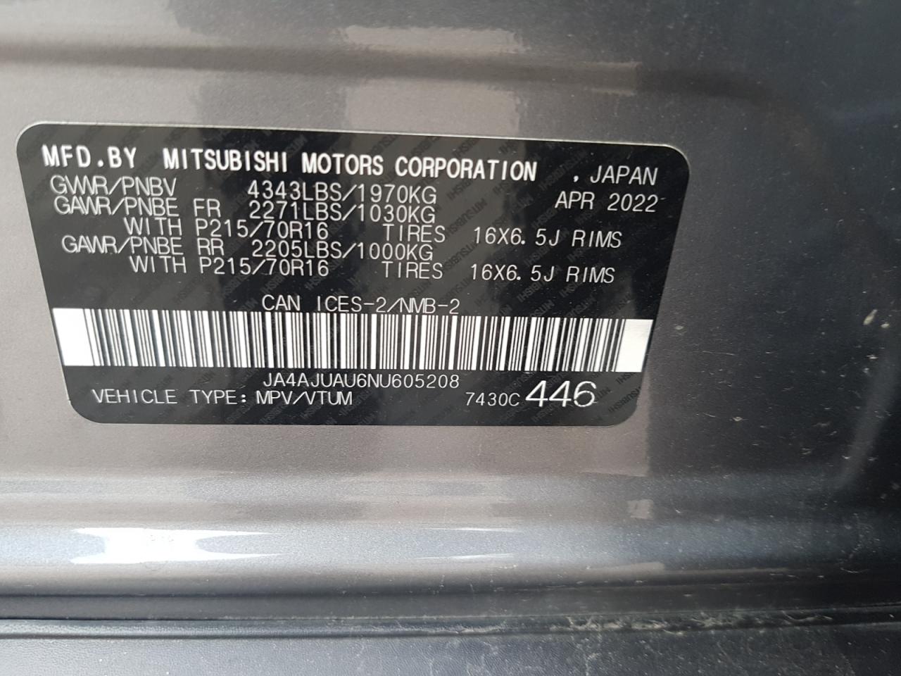 2022 MITSUBISHI RVR ES VIN:JA4AJUAU6NU605208