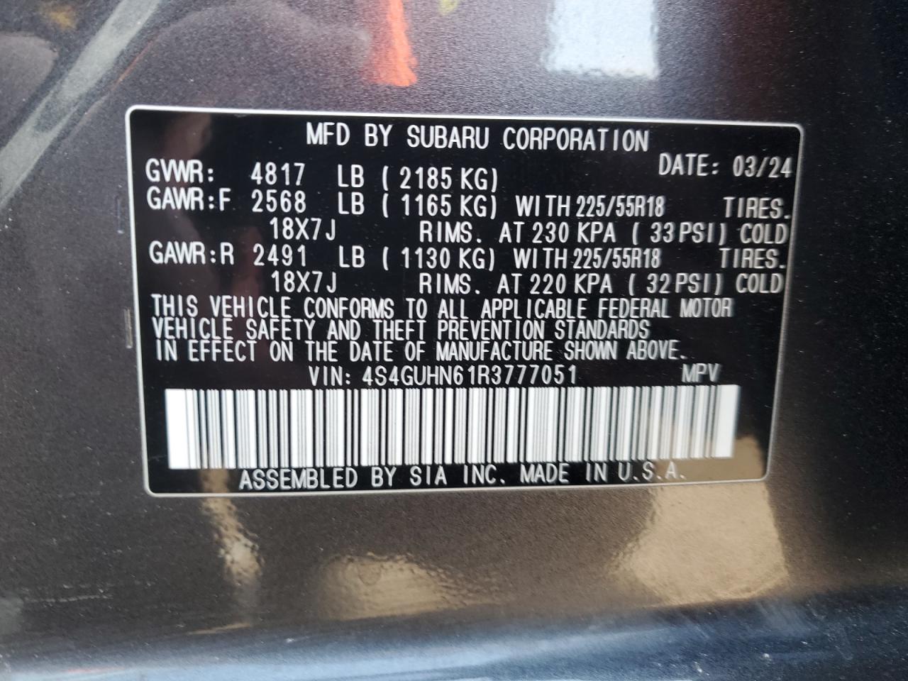 2024 SUBARU CROSSTREK LIMITED VIN:4S4GUHN61R3777051