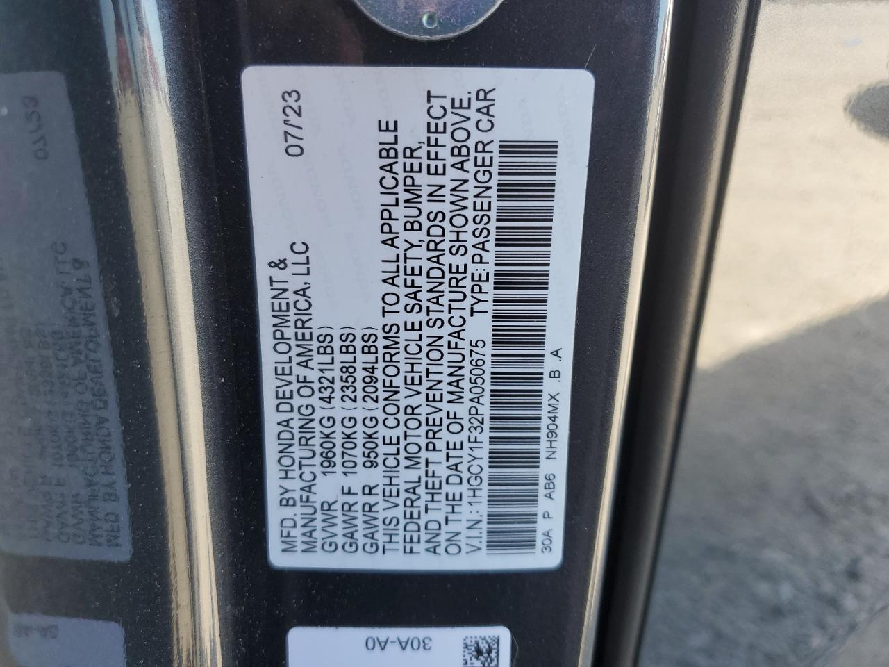 2023 HONDA ACCORD EX VIN:1HGCY1F32PA050675