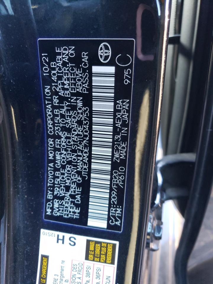 2022 TOYOTA COROLLA LE VIN:JTDEAMDE7NJ043753