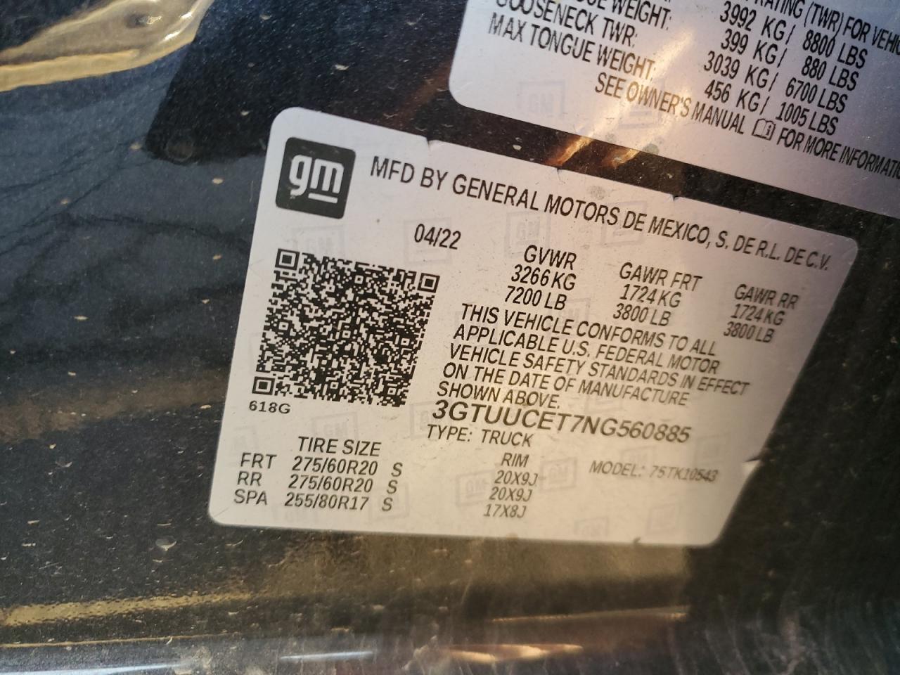 2022 GMC SIERRA K1500 ELEVATION VIN:3GTUUCET7NG560885