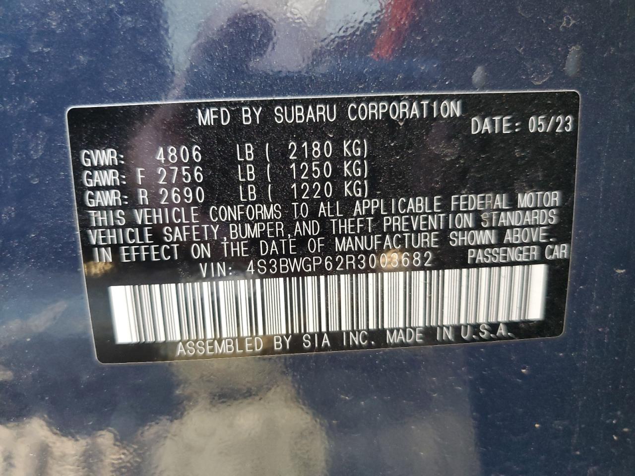 2024 SUBARU LEGACY TOURING XT VIN:4S3BWGP62R3003682