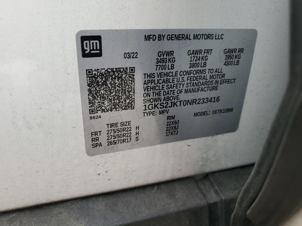 2022 GMC YUKON XL DENALI VIN:1GKS2JKT0NR233416