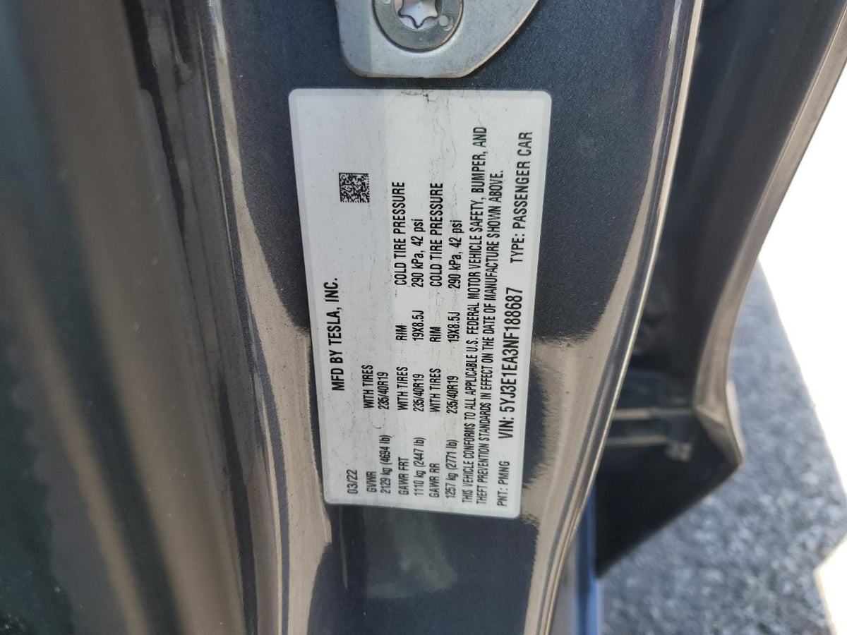 2022 TESLA MODEL 3 VIN:5YJ3E1EA3NF188687