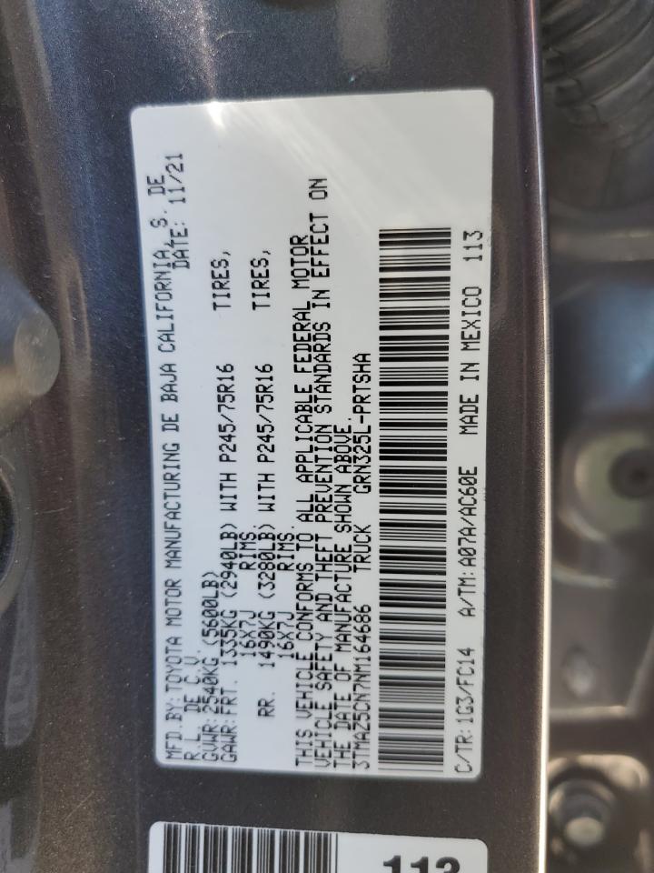 2022 TOYOTA TACOMA DOUBLE CAB VIN:3TMAZ5CN7NM164686