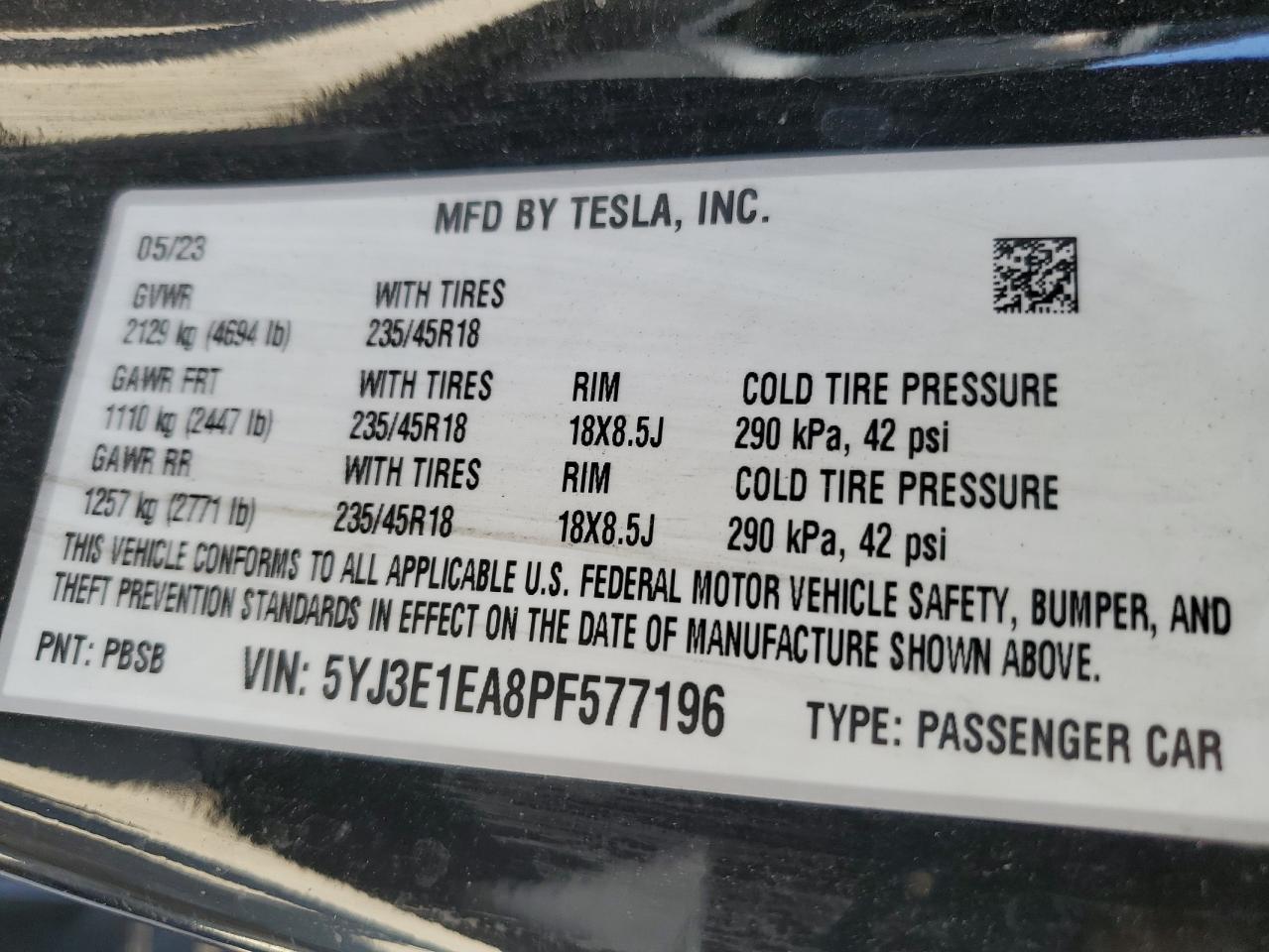 2023 TESLA MODEL 3 VIN:5YJ3E1EA8PF577196