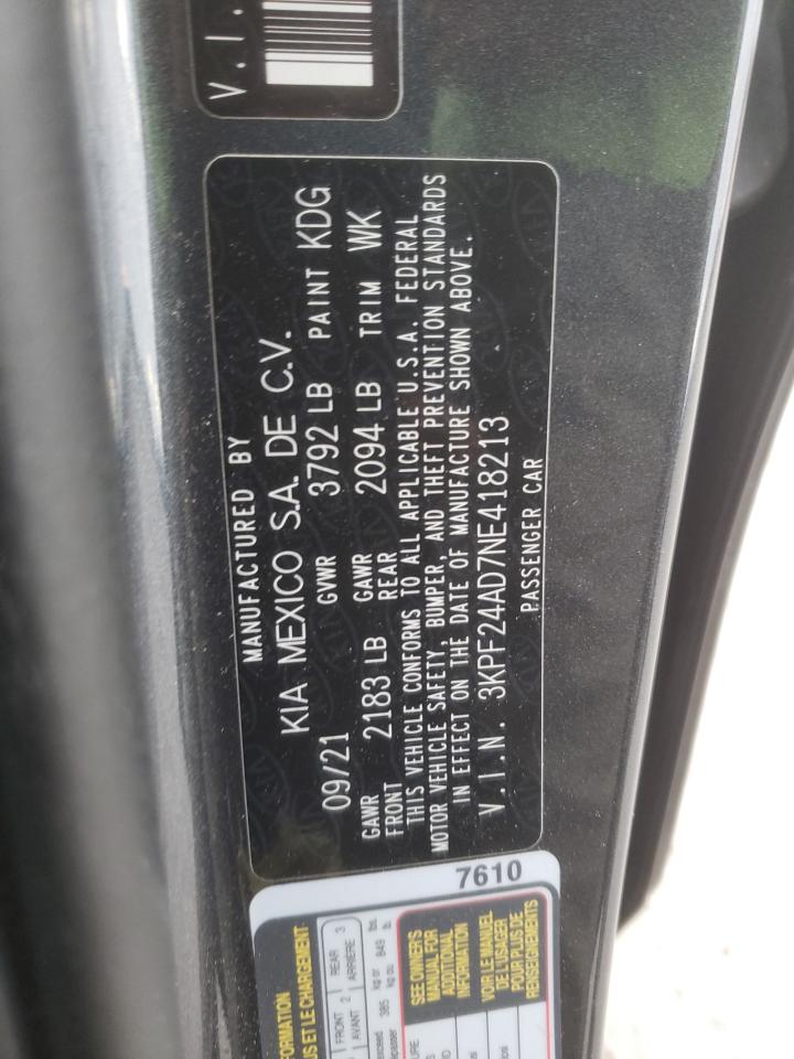 2022 KIA FORTE FE VIN:3KPF24AD7NE418213