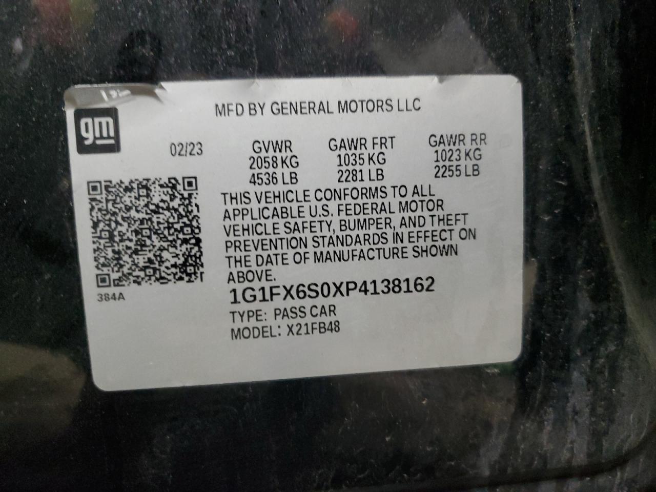 2023 CHEVROLET BOLT EV 2LT VIN:1G1FX6S0XP4138162