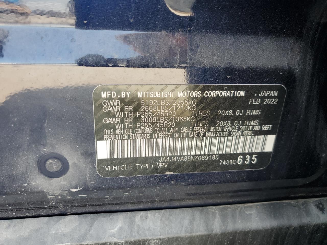 2022 MITSUBISHI OUTLANDER SEL VIN:JA4J4VA88NZ069185