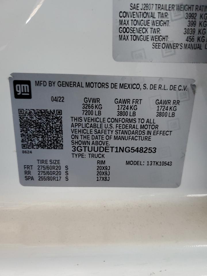 2022 GMC SIERRA K1500 SLT VIN:3GTUUDET1NG548253