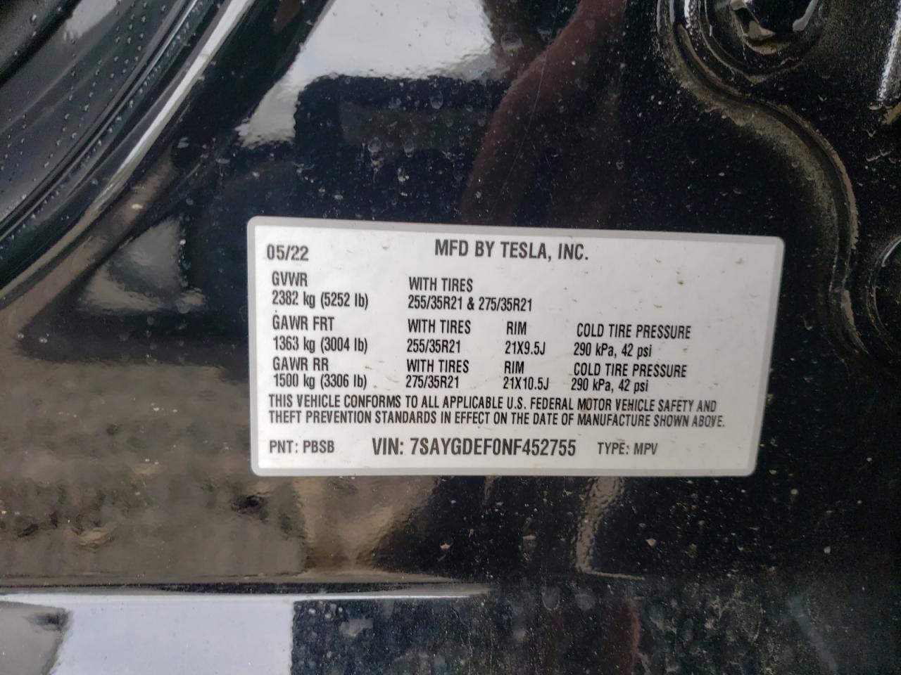 2022 TESLA MODEL Y VIN:7SAYGDEF0NF452755