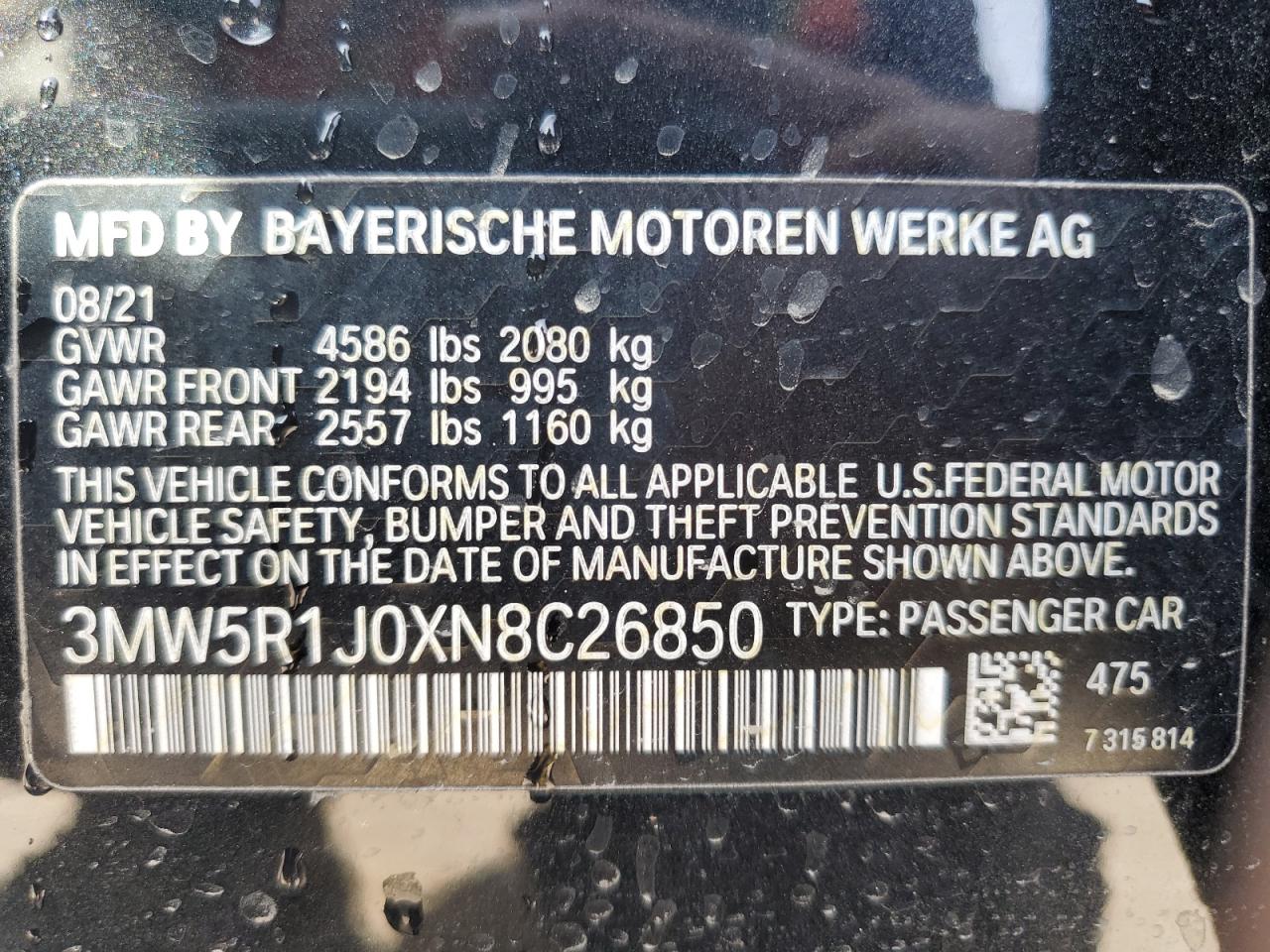 2022 BMW 330I VIN:3MW5R1J0XN8C26850