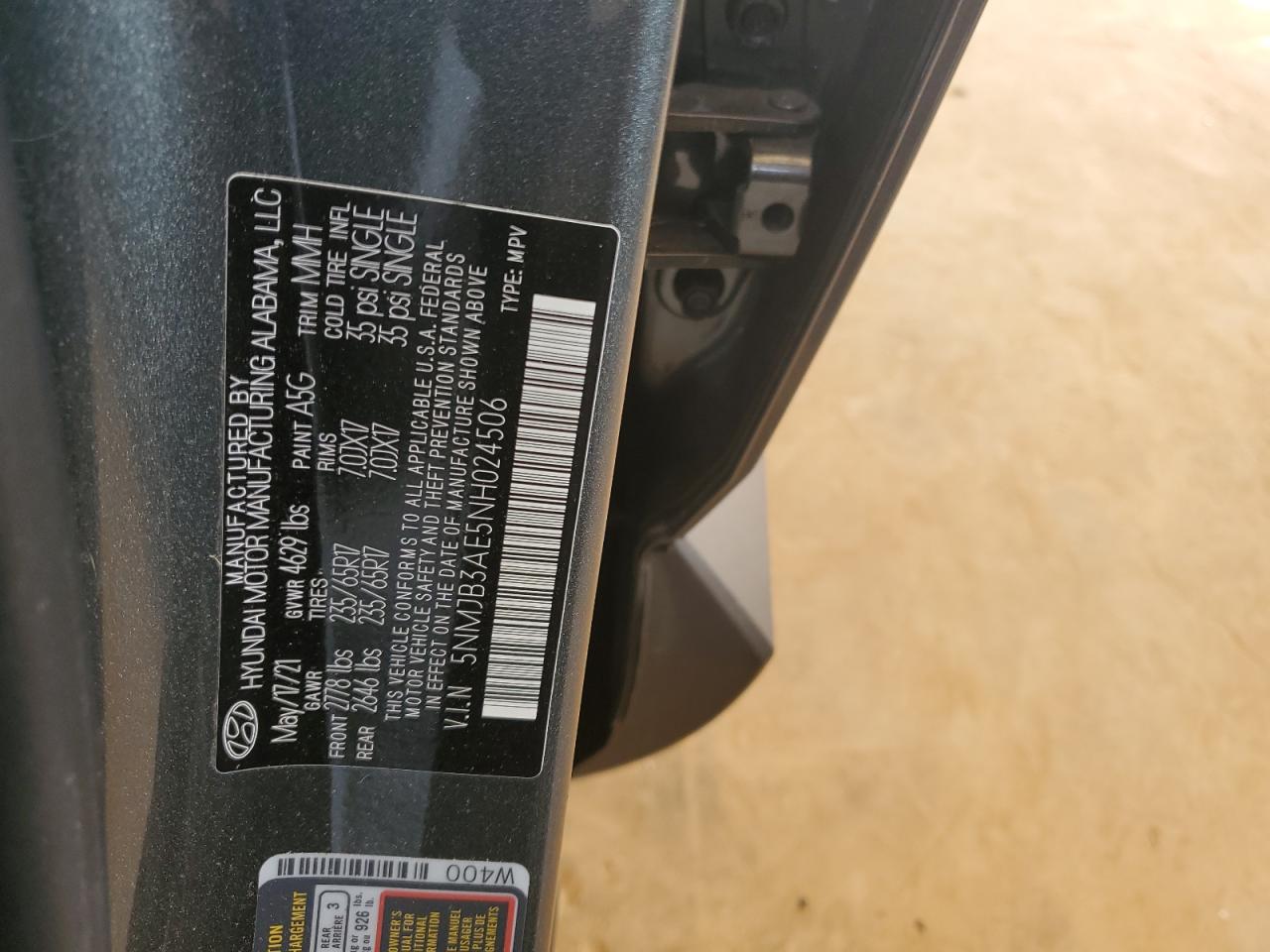 2022 HYUNDAI TUCSON SEL VIN:5NMJB3AE5NH024506