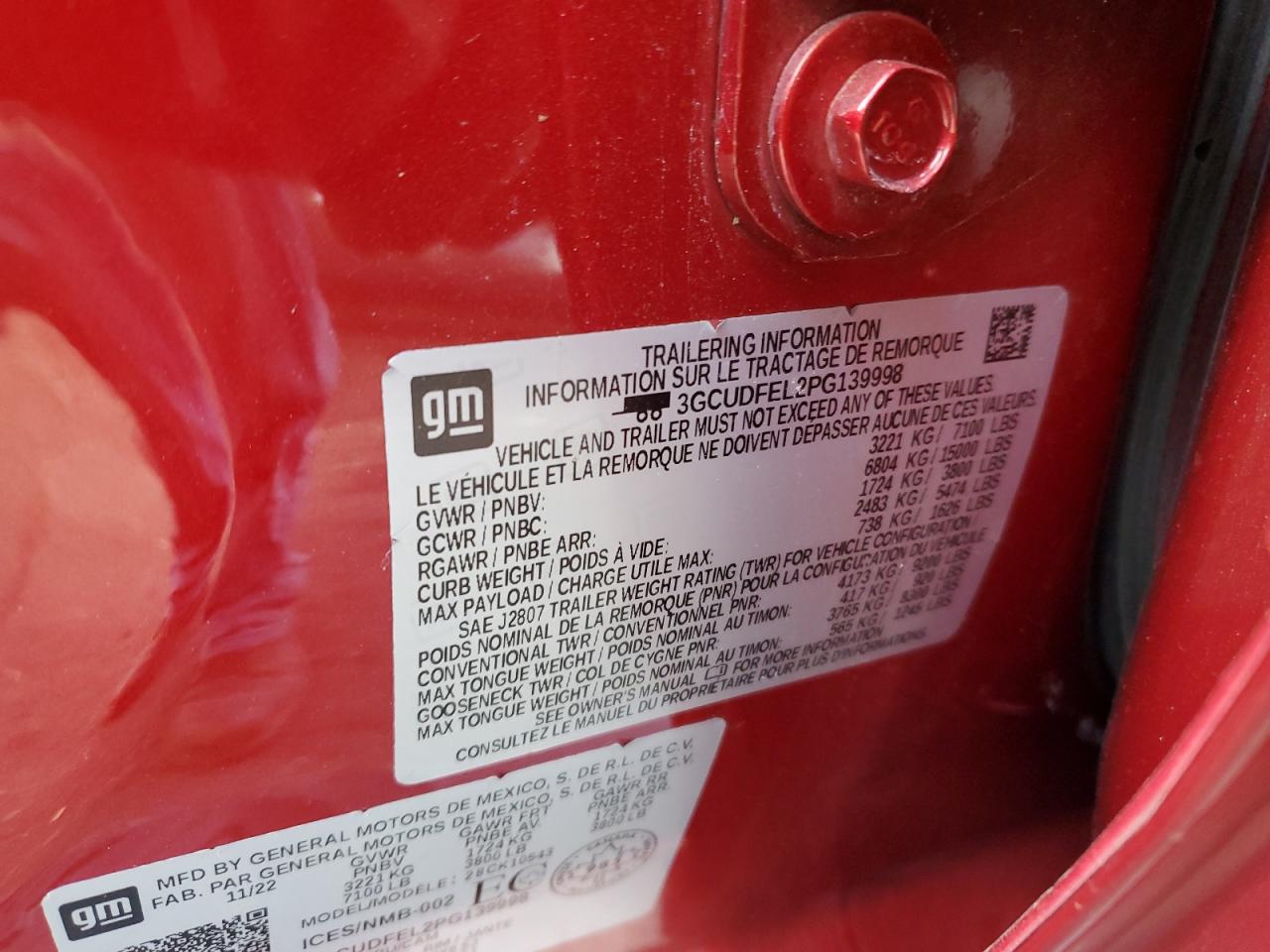 2023 CHEVROLET SILVERADO K1500 LT TRAIL BOSS VIN:3GCUDFEL2PG139998