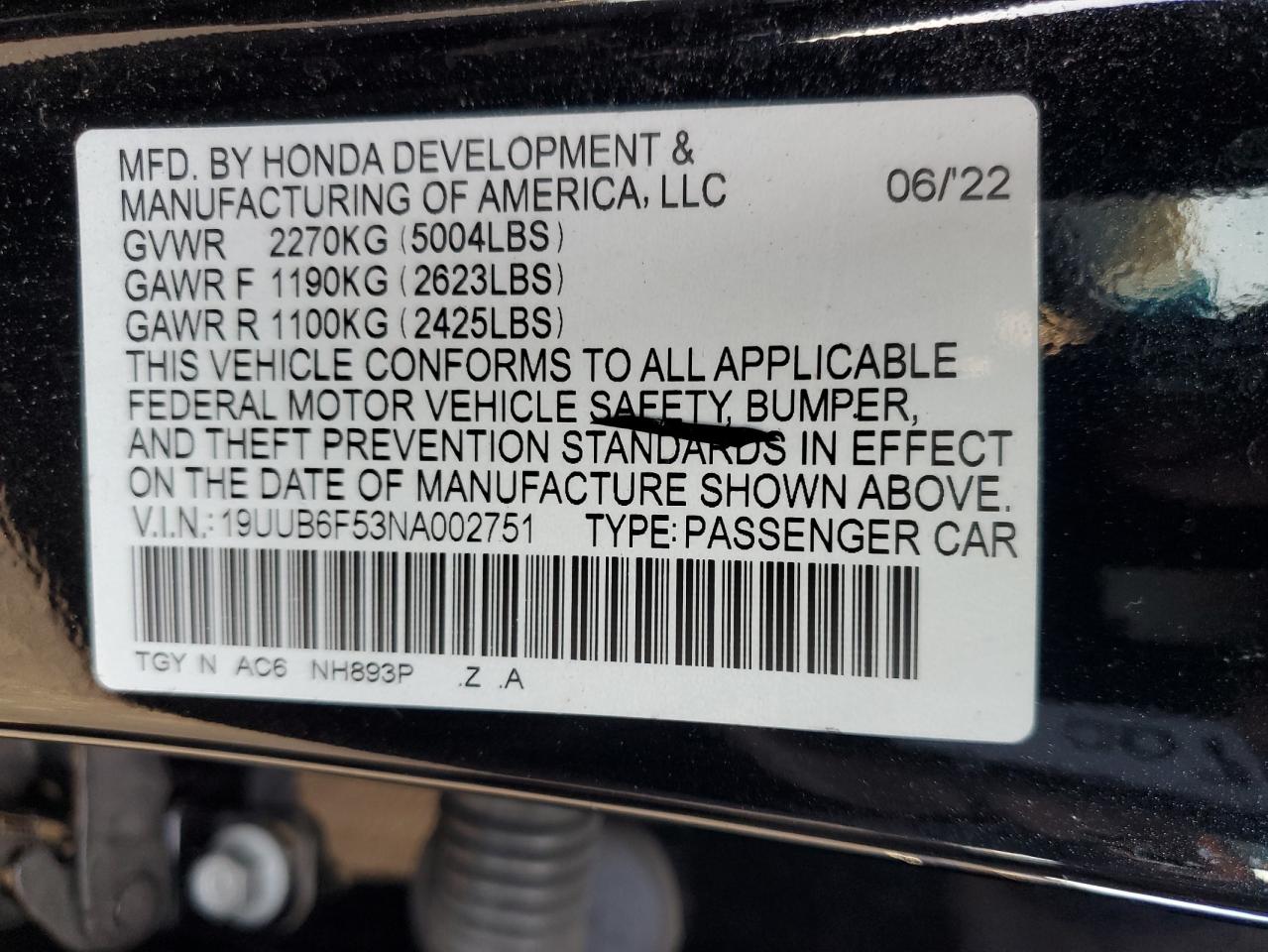 2022 ACURA TLX TECH A VIN:19UUB6F53NA002751