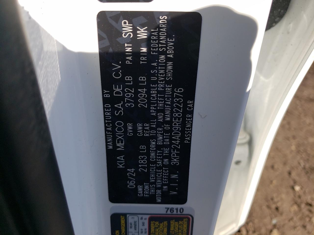 2024 KIA FORTE LX VIN:3KPF24AD9RE822376