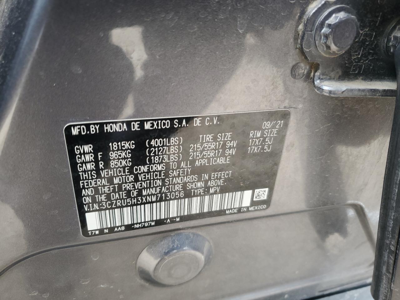 2022 HONDA HR-V LX VIN:3CZRU5H3XNM713056