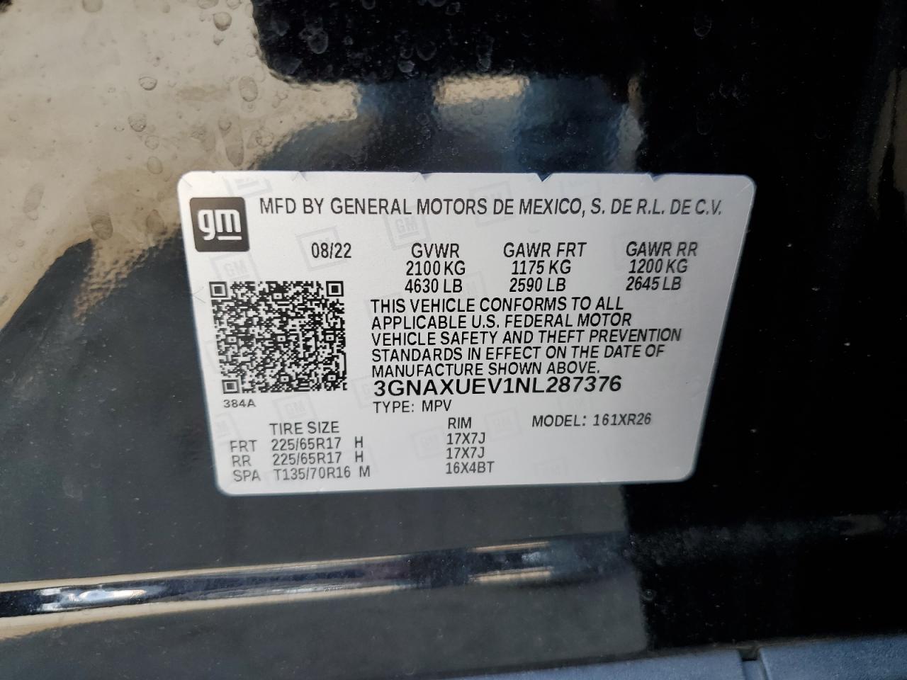 2022 CHEVROLET EQUINOX LT VIN:3GNAXUEV1NL287376