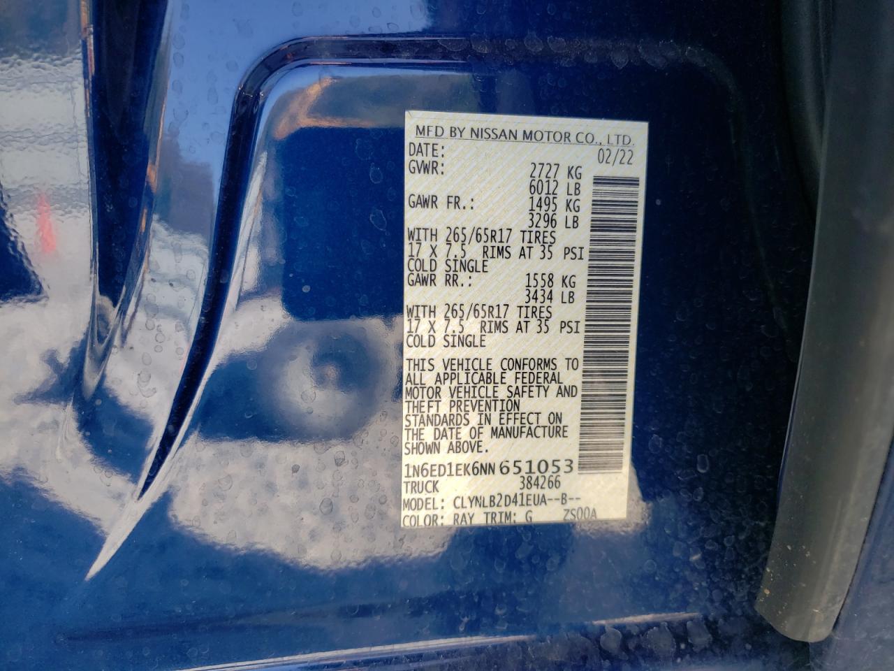 2022 NISSAN FRONTIER S VIN:1N6ED1EK6NN651053