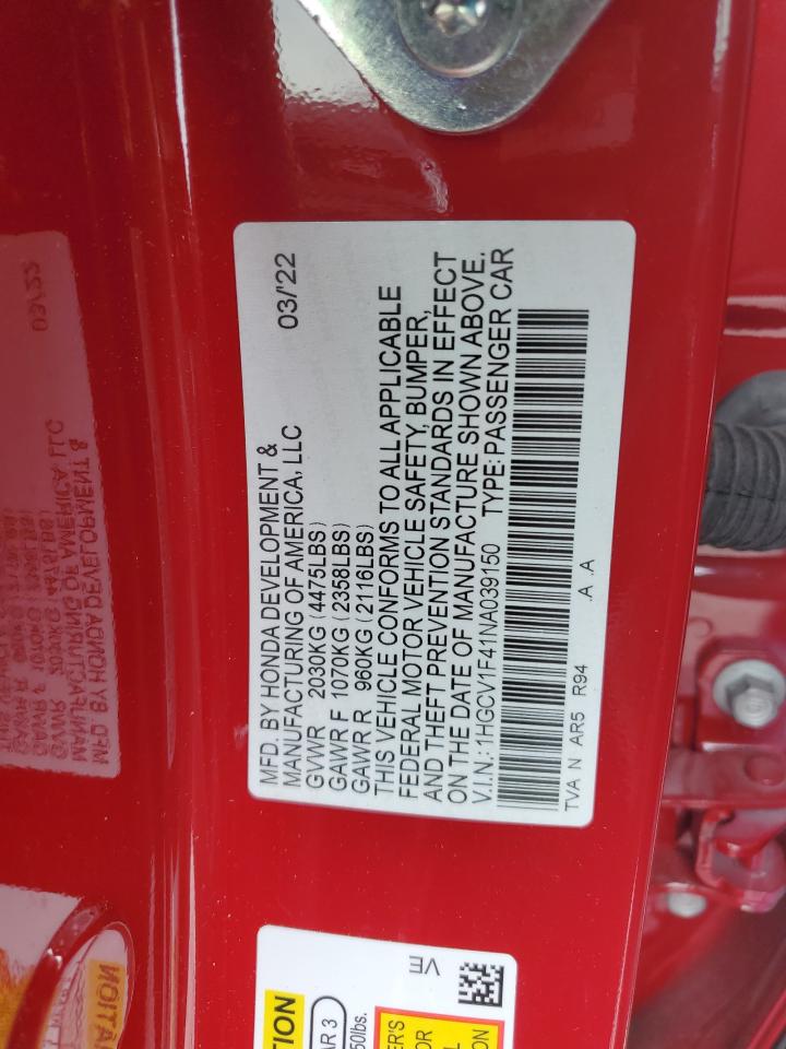2022 HONDA ACCORD SPORT SE VIN:1HGCV1F41NA039150