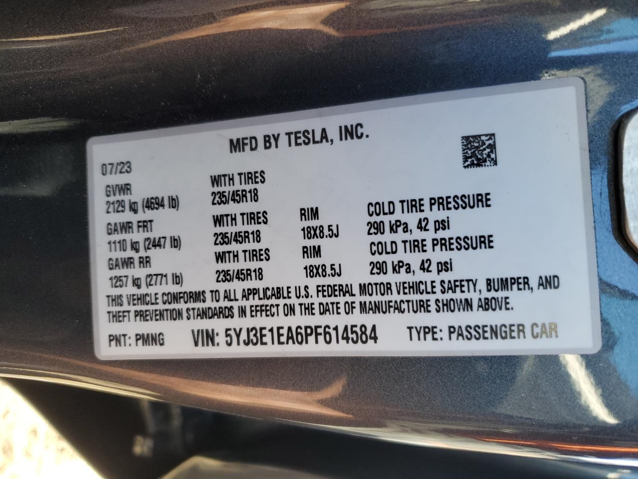 2023 TESLA MODEL 3 VIN:5YJ3E1EA6PF614584