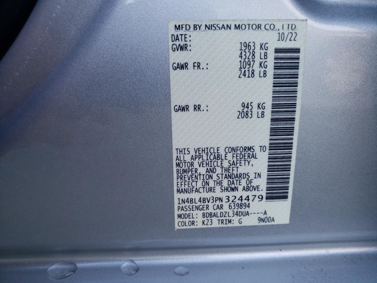 2023 NISSAN ALTIMA S VIN:1N4BL4BV3PN324479