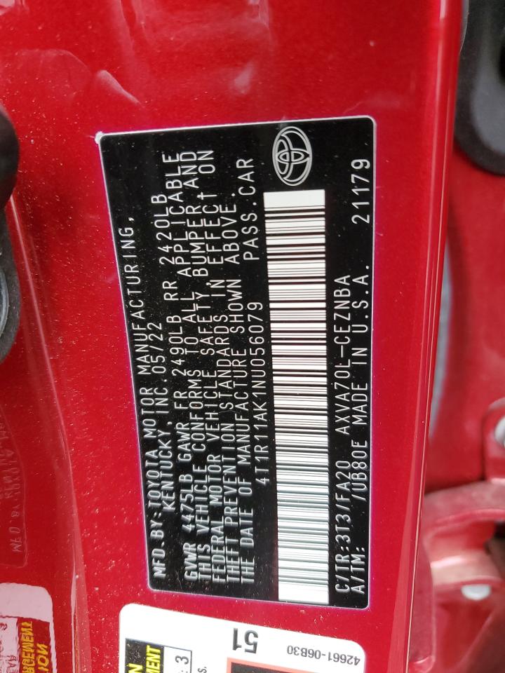 2022 TOYOTA CAMRY LE VIN:4T1R11AK1NU056079