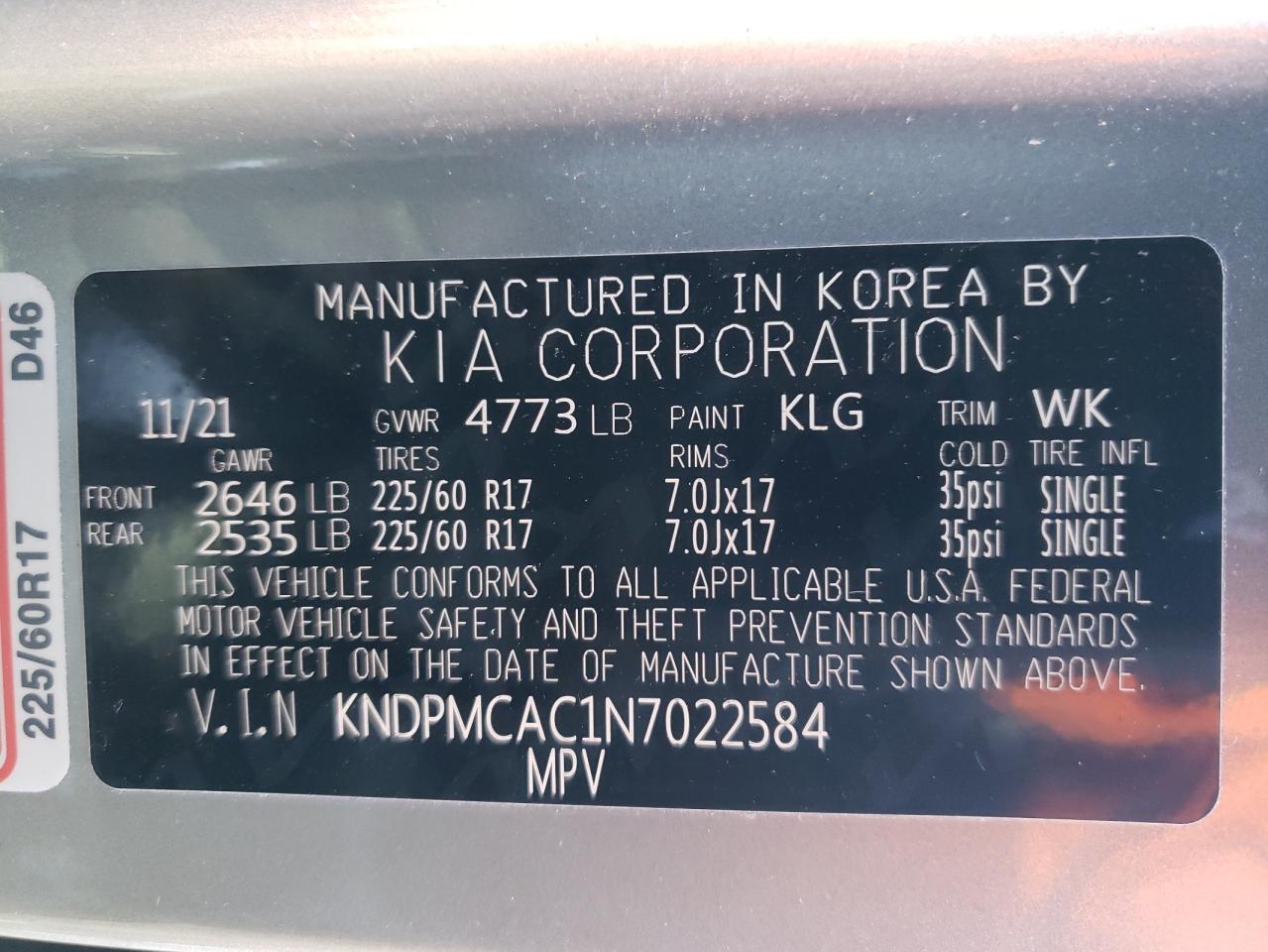 2022 KIA SPORTAGE LX VIN:KNDPMCAC1N7022584