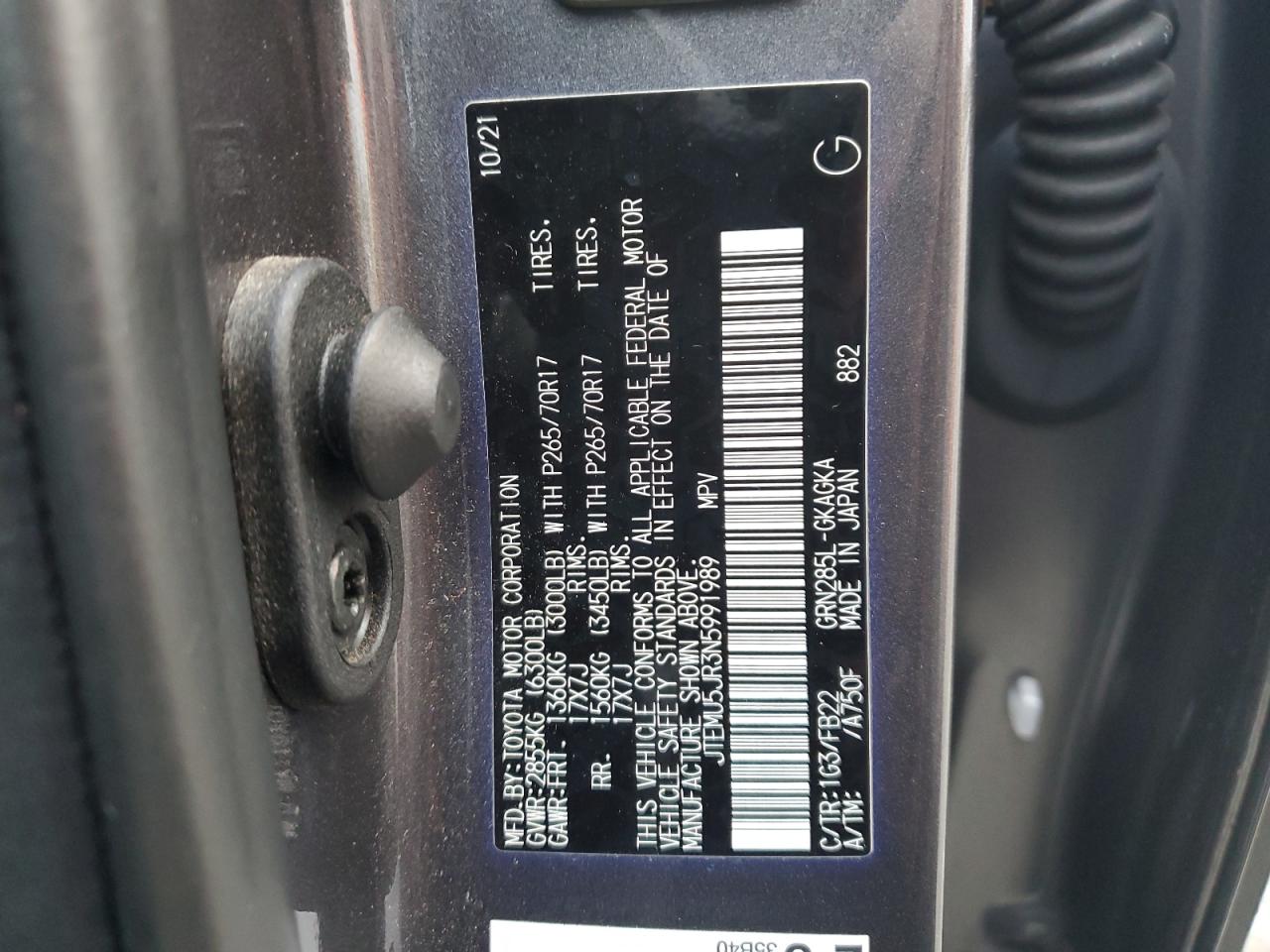 2022 TOYOTA 4RUNNER SR5/SR5 PREMIUM VIN:JTEMU5JR3N5991989