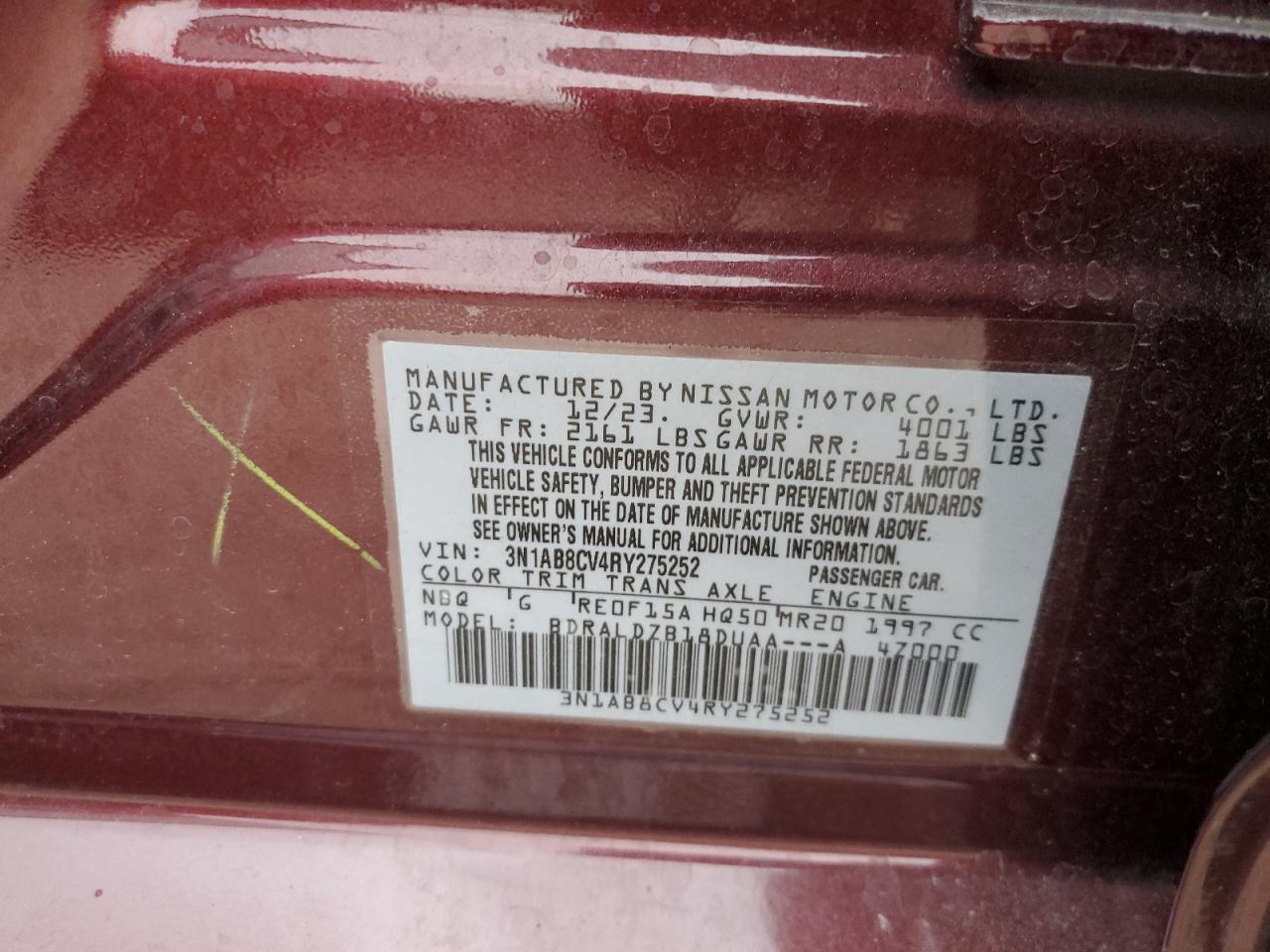 2024 NISSAN SENTRA SV VIN:3N1AB8CV4RY275252