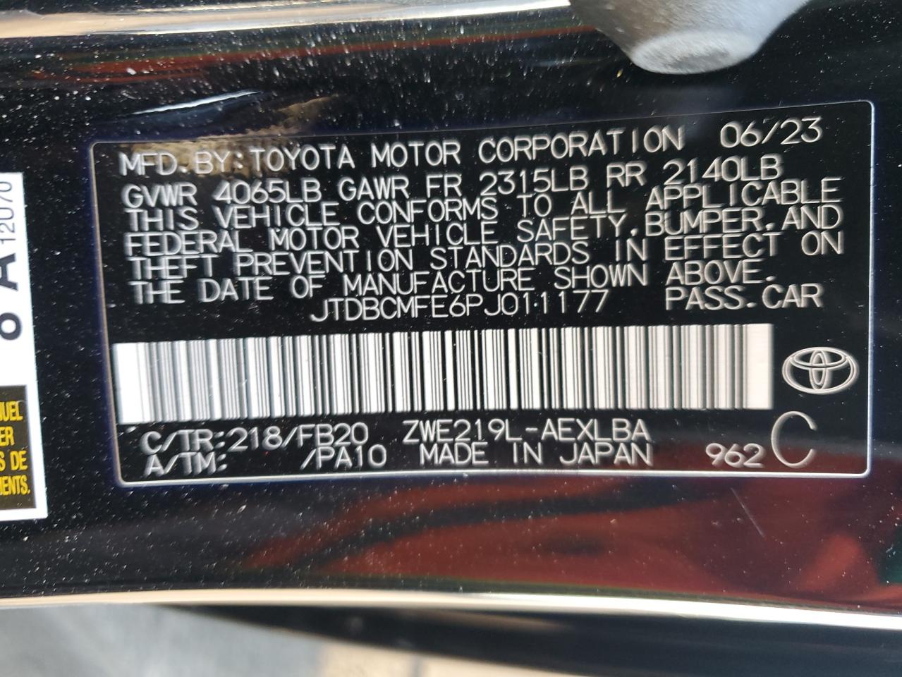 2023 TOYOTA COROLLA LE VIN:JTDBCMFE6PJ011177