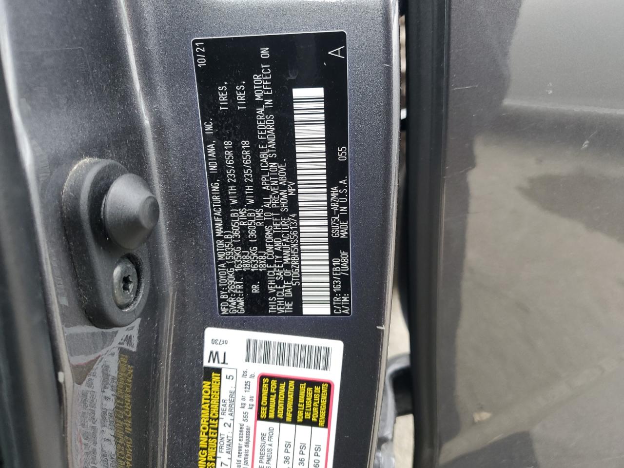 2022 TOYOTA HIGHLANDER XLE VIN:5TDGZRBH5NS561374