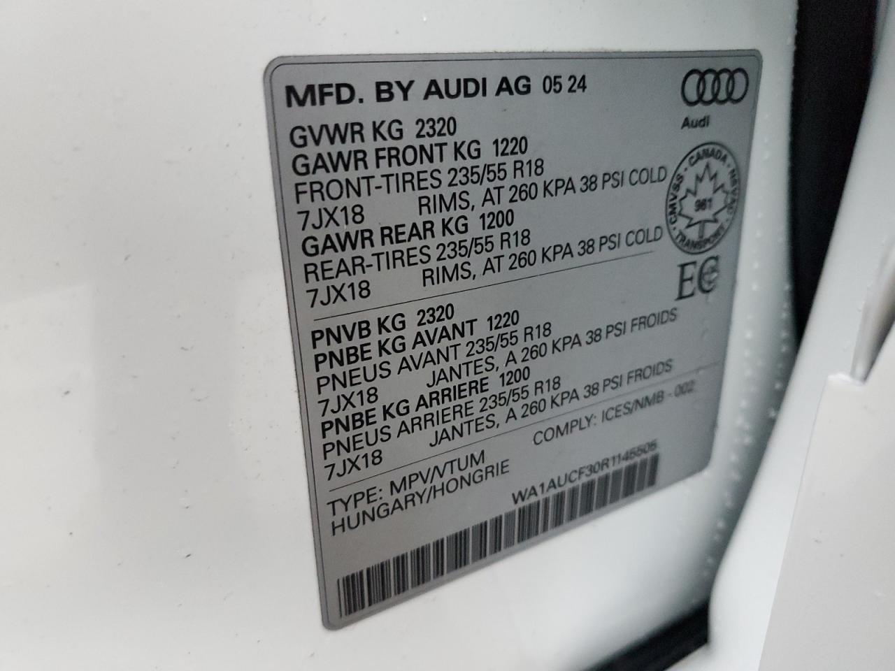 2024 AUDI Q3 PREMIUM 40 VIN:WA1AUCF30R1145505