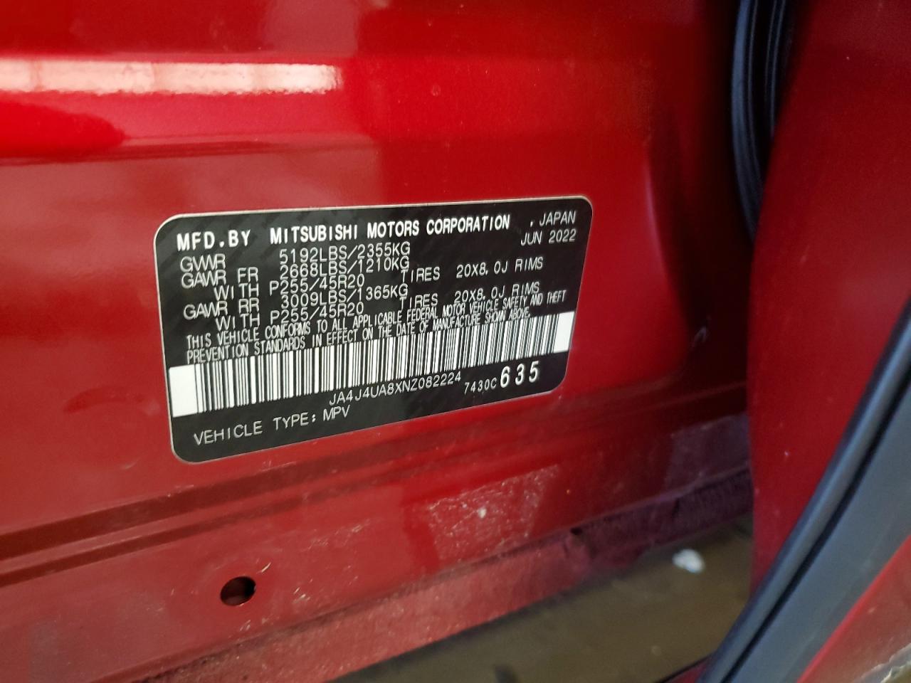 2022 MITSUBISHI OUTLANDER SE VIN:JA4J4UA8XNZ082224