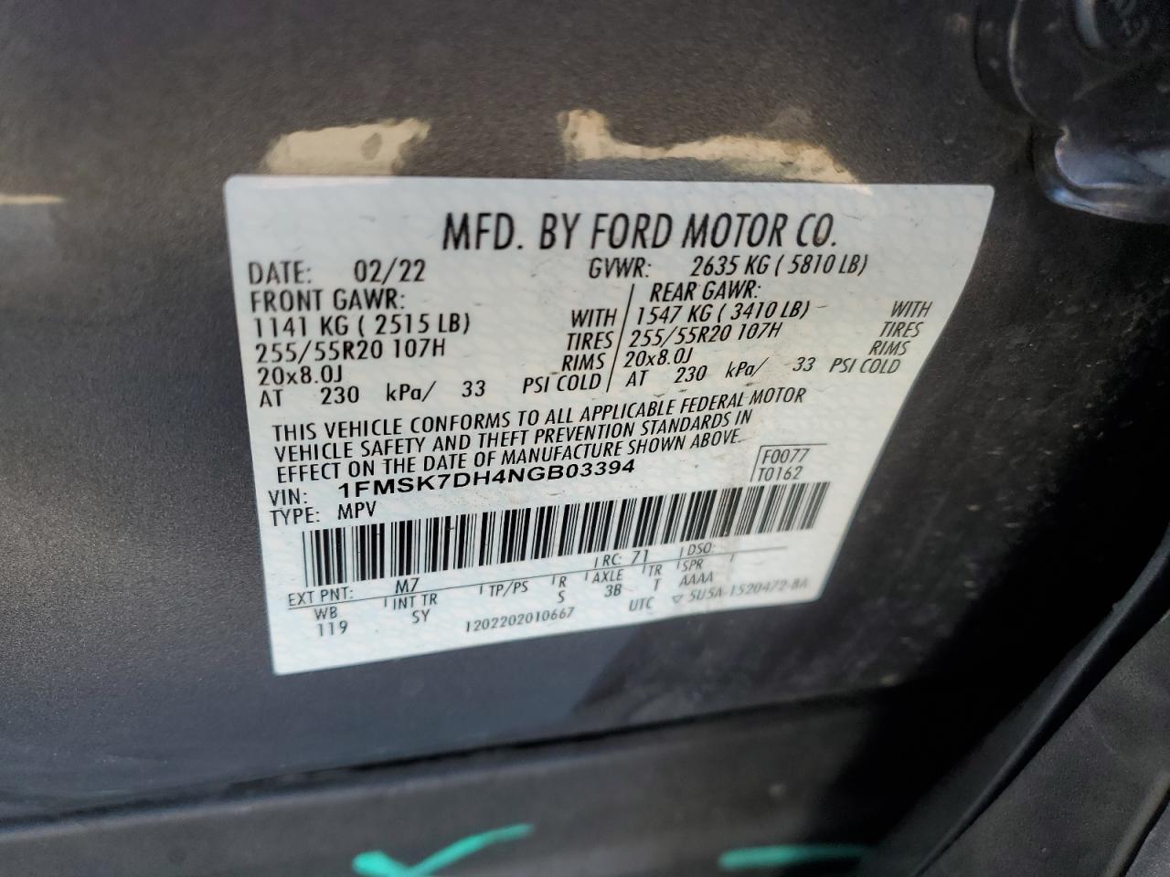2022 FORD EXPLORER XLT VIN:1FMSK7DH4NGB03394
