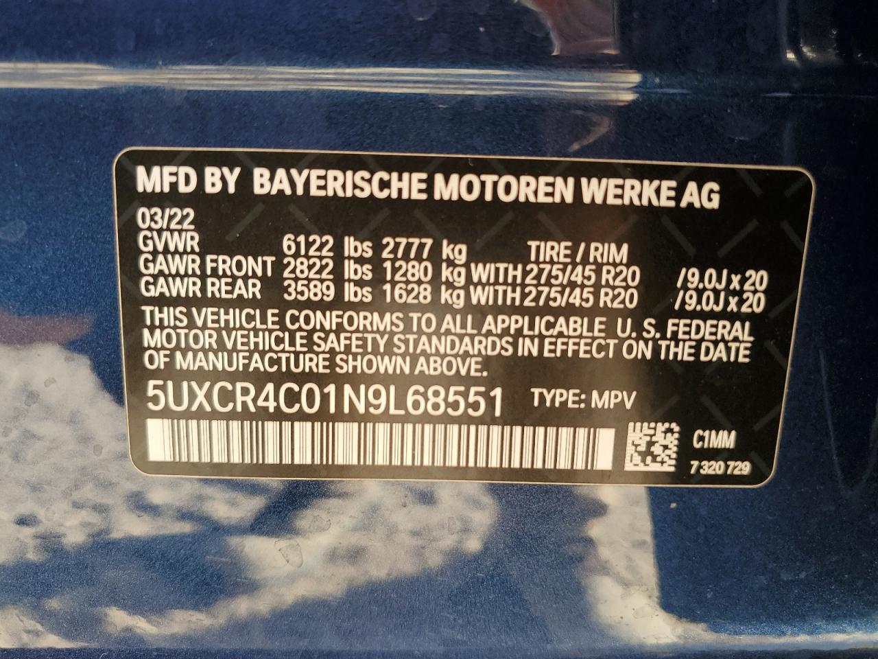 2022 BMW X5 SDRIVE 40I VIN:5UXCR4C01N9L68551