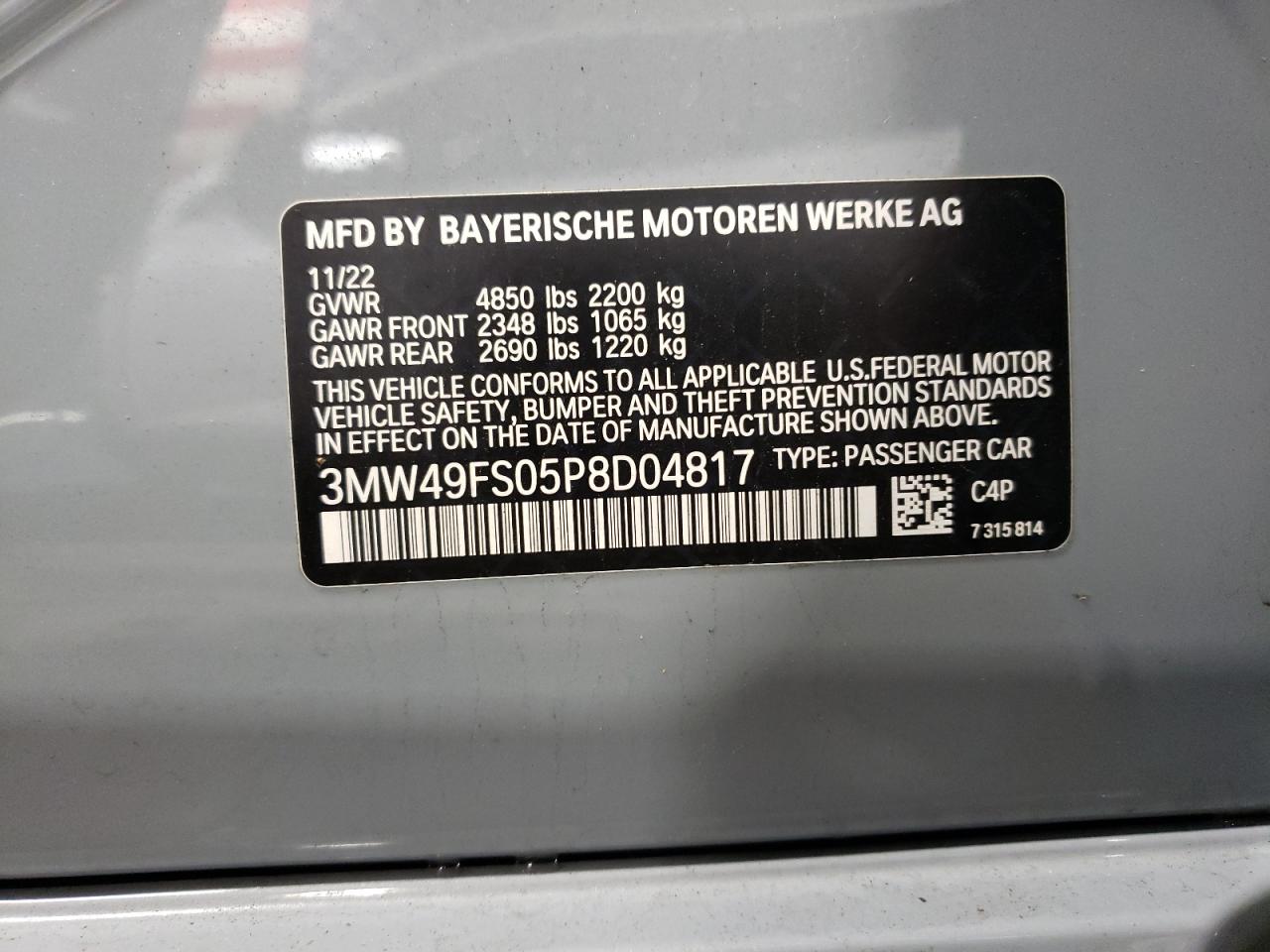 2023 BMW M340I VIN:3MW49FS05P8D04817