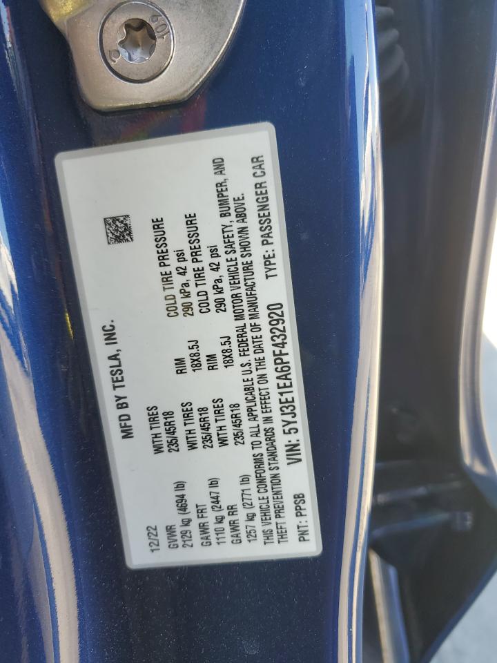 2023 TESLA MODEL 3 VIN:5YJ3E1EA6PF432920