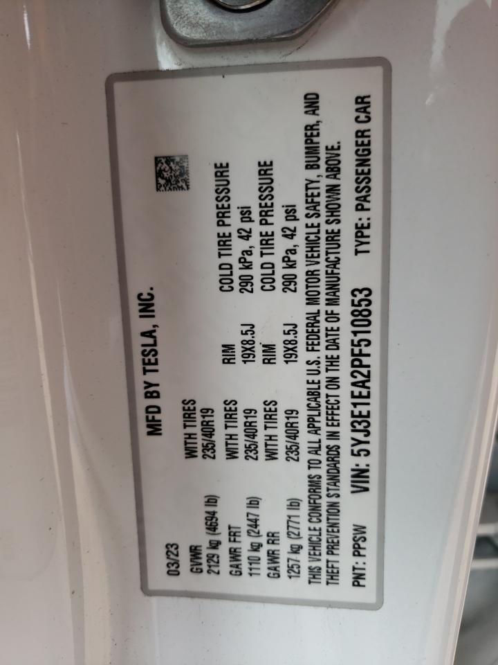 2023 TESLA MODEL 3 VIN:5YJ3E1EA2PF510853
