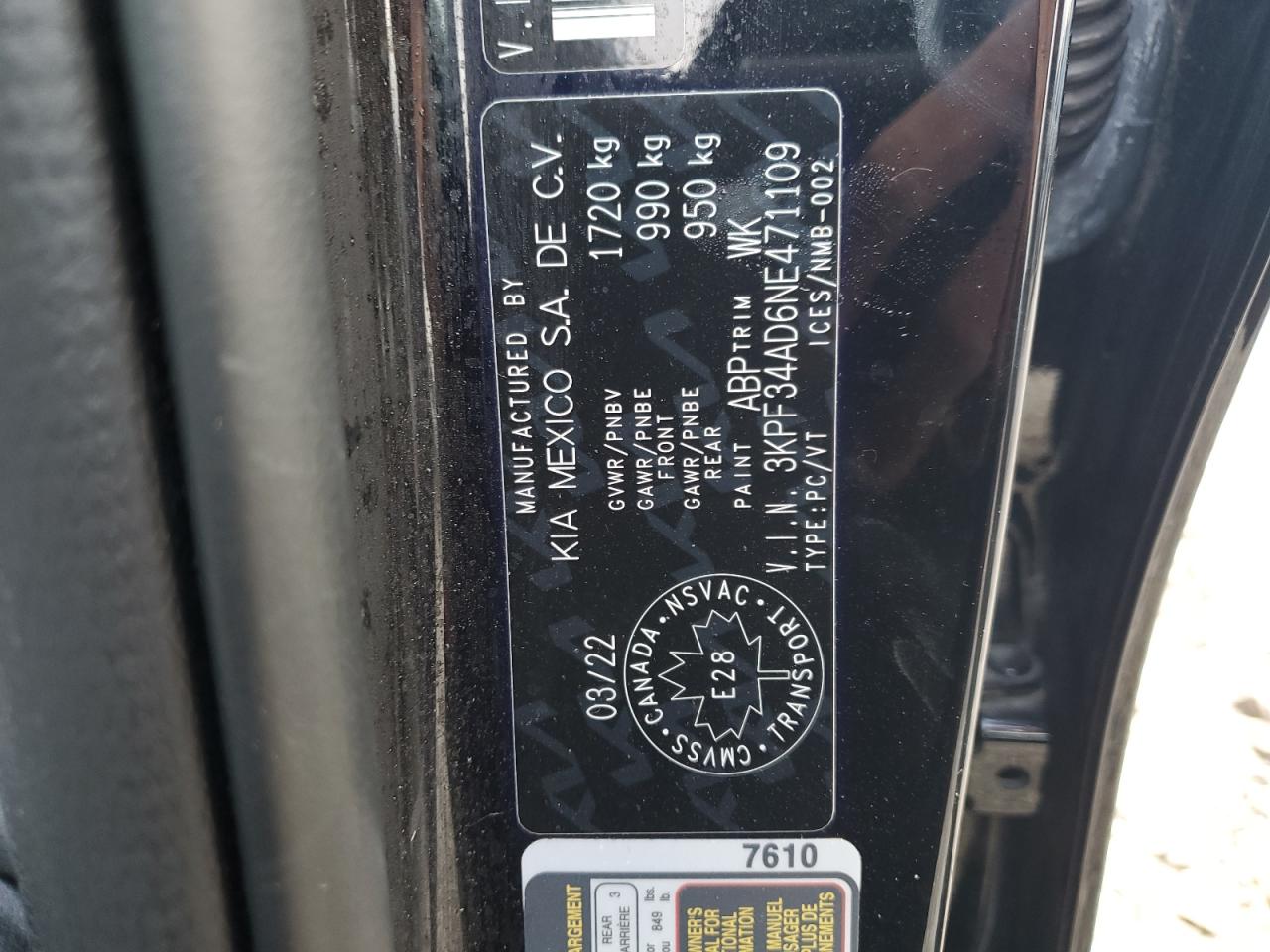 2022 KIA FORTE GT LINE VIN:3KPF34AD6NE471109