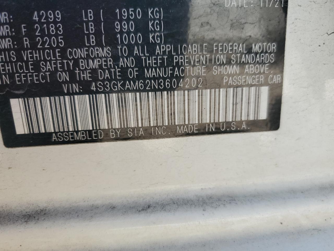 2022 SUBARU IMPREZA SPORT VIN:4S3GKAM62N3604202