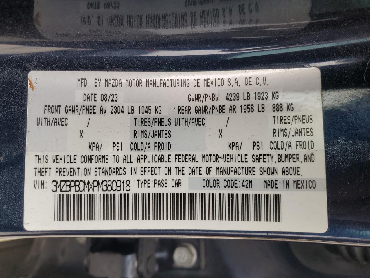 2023 MAZDA 3 PREMIUM VIN:3MZBPBDMXPM380918