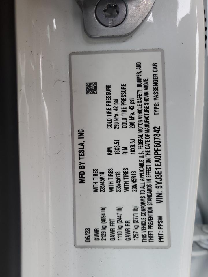 2023 TESLA MODEL 3 VIN:5YJ3E1EA0PF607842