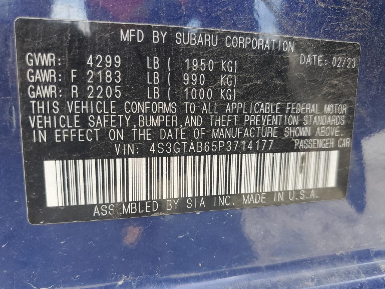 2023 SUBARU IMPREZA VIN:4S3GTAB65P3714177